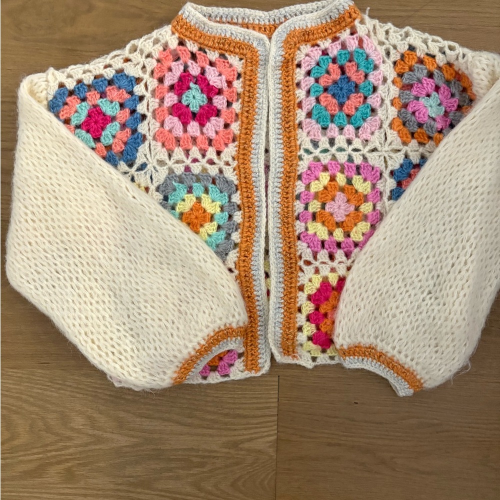 Colorful Crochet Cardigan with Cream Sleeves